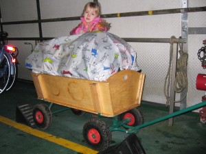 De bolderkar vastgezet op de veerboot